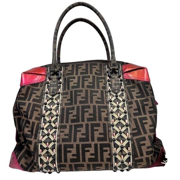 FENDI Zucca Beaded Hand Bag Tote Bag Canvas Brown x pink - Picture 1 of 16